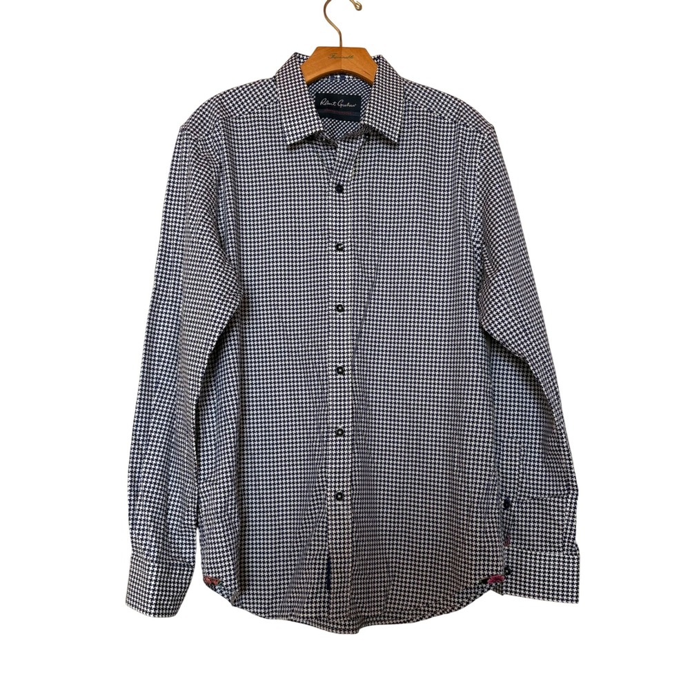 Robert Graham Modern Americana Mens‎ Navy Houndstooth Tailored Fit Dress Shirt L